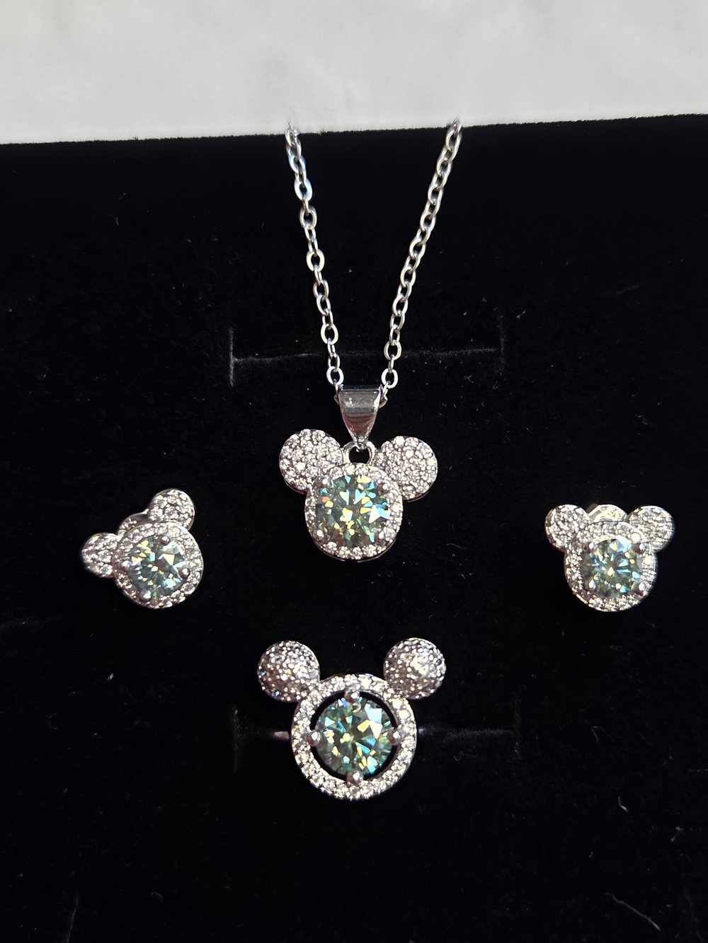 Silver Plated Mickey Mouse Pendant & Earring Set in Iridescent Blue-Green